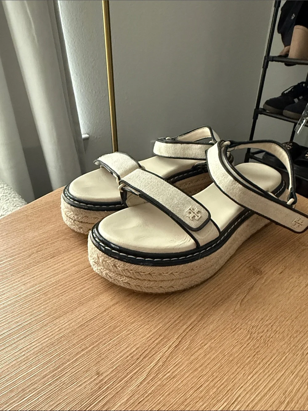 Tory Burch Cream and Black Canvas Strap Sandals